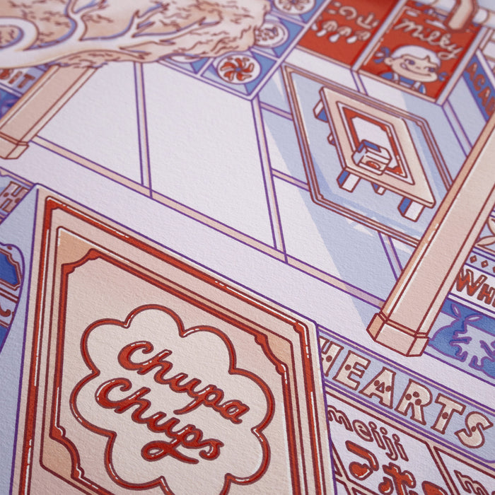 Close-up of Rosie-hued Edo palace art with Chupa Chups sign, table, and other nostalgic details in Convenience Palace Laurenleely.