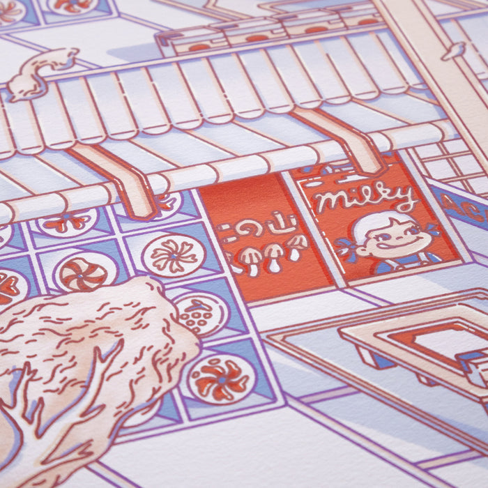 Close-up of detailed pastel Edo palace print in modern style with character and floral tiles in Convenience Palace - Laurenleely - Limited Edition.