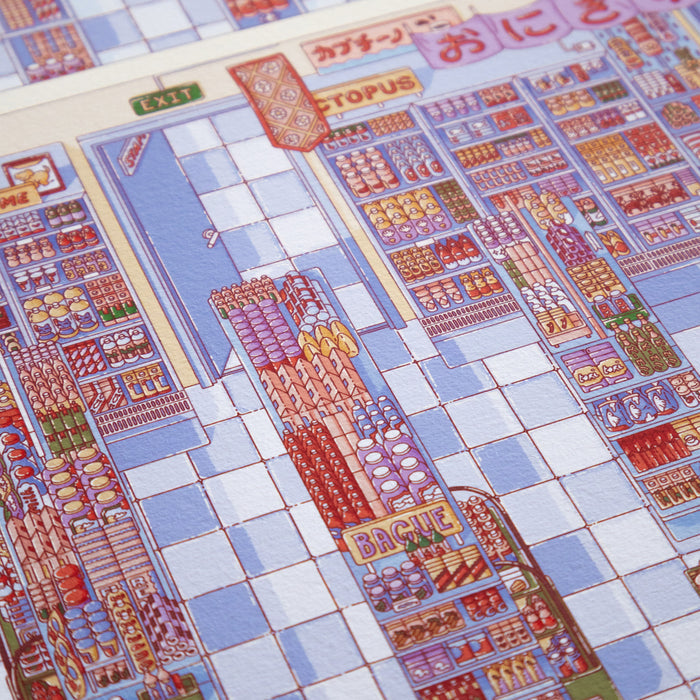 Close-up of detailed convenience store illustration from Convenience Store Woman - Laurenleely - Limited Edition print.