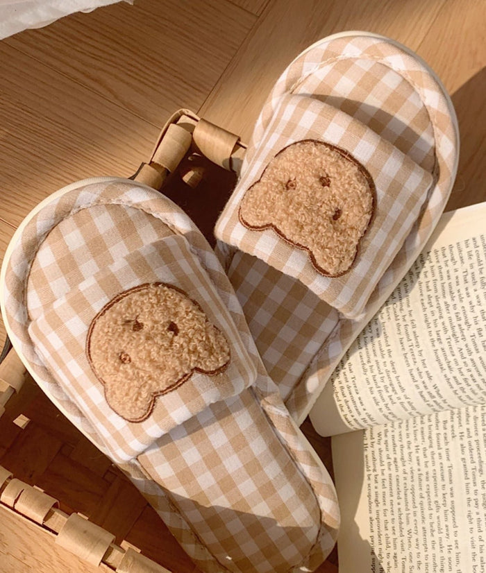 Cozy Hug Slippers for Women: beige, cream cartoon bear faces, cute cartoon, cozy style