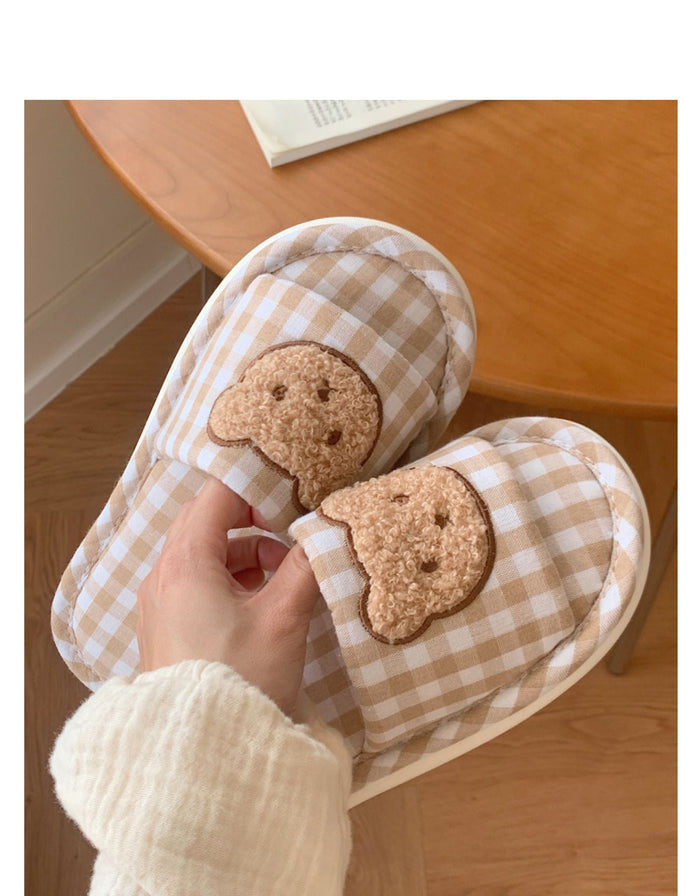 Cozy Hug Slippers for Women: beige, cream cartoon bear faces, cute cartoon, cozy style