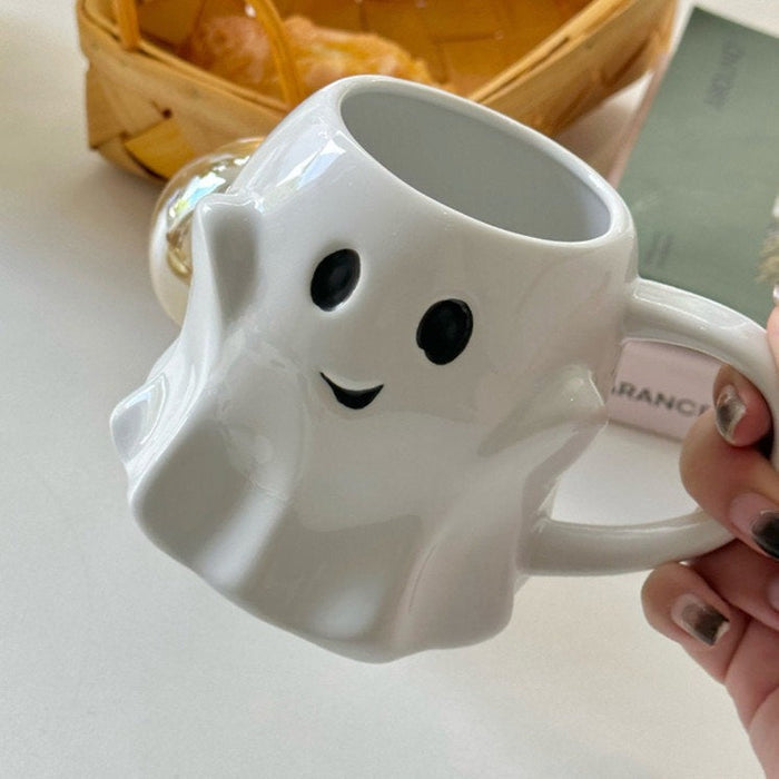 Cute Ghost Ceramic Mug for Gifting: white, black ghost character, cute cartoon style