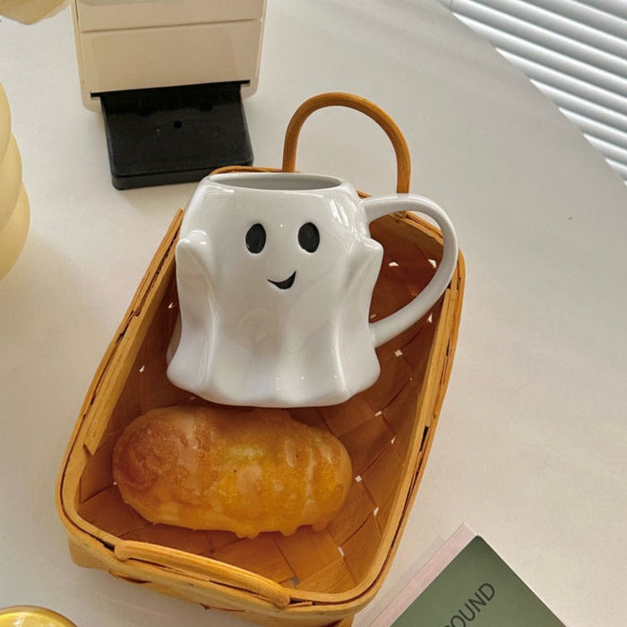 Cute Ghost Ceramic Mug for Gifting: white, black ghost character, cute cartoon style