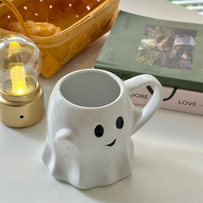 Cute Ghost Ceramic Mug for Gifting: white, black ghost character, cute cartoon style