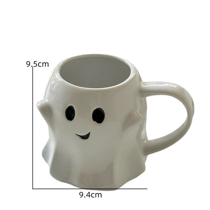 Cute Ghost Ceramic Mug for Gifting: white, black ghost character, cute cartoon style