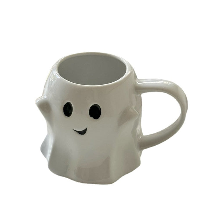 Cute Ghost Ceramic Mug for Gifting: white, black ghost character, cute cartoon style