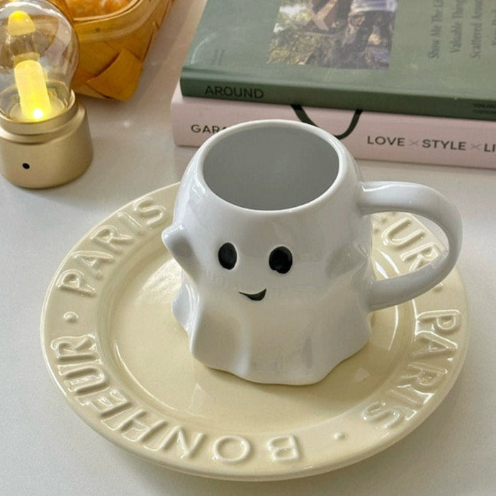 Cute Ghost Ceramic Mug for Gifting: white, black ghost character, cute cartoon style