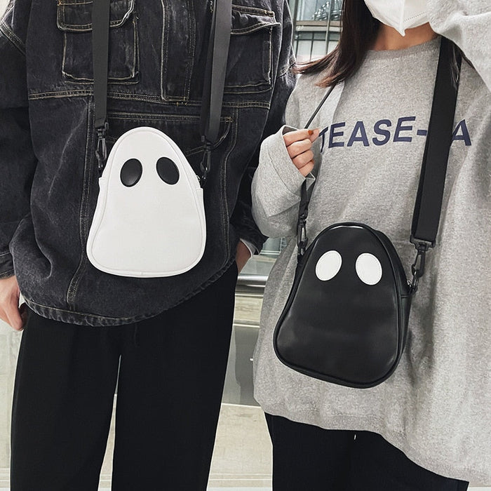 Cute Ghoul Shoulder Bag, PU Faux Leather: white, black ghost character, cartoon, minimalist style