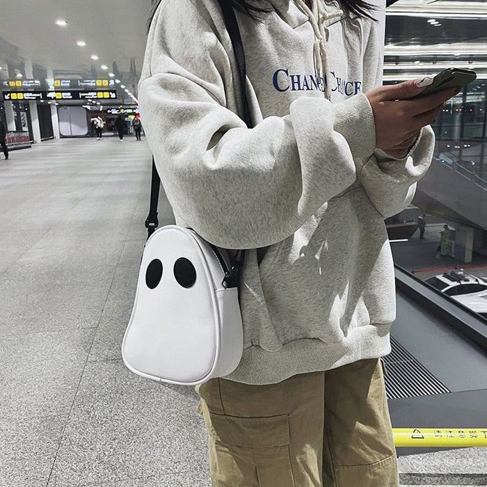 Cute Ghoul Shoulder Bag, PU Faux Leather: white, black ghost character, cartoon, minimalist style