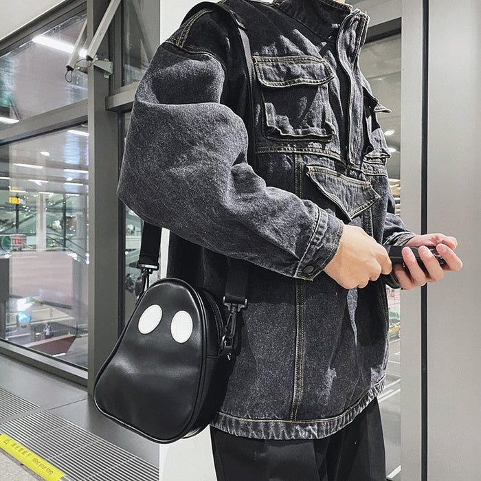 Cute Ghoul Shoulder Bag, PU Faux Leather: white, black ghost character, cartoon, minimalist style