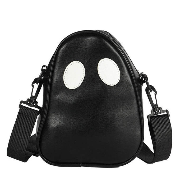 Cute Ghoul Shoulder Bag, PU Faux Leather: white, black ghost character, cartoon, minimalist style