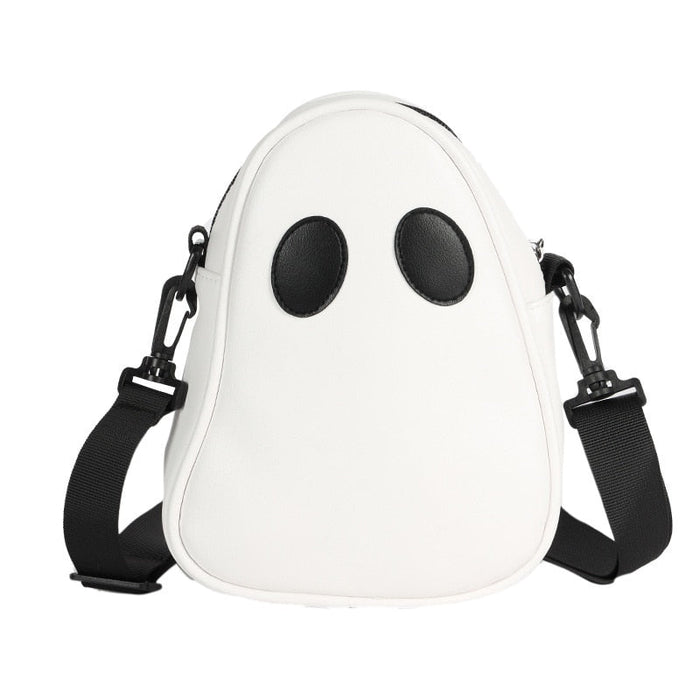 Cute Ghoul Shoulder Bag, PU Faux Leather: white, black ghost character, cartoon, minimalist style