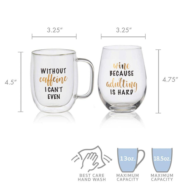 Double Wall Mug and Stemless Wine Glass Set of 2, Caffeine Wine Sentiment