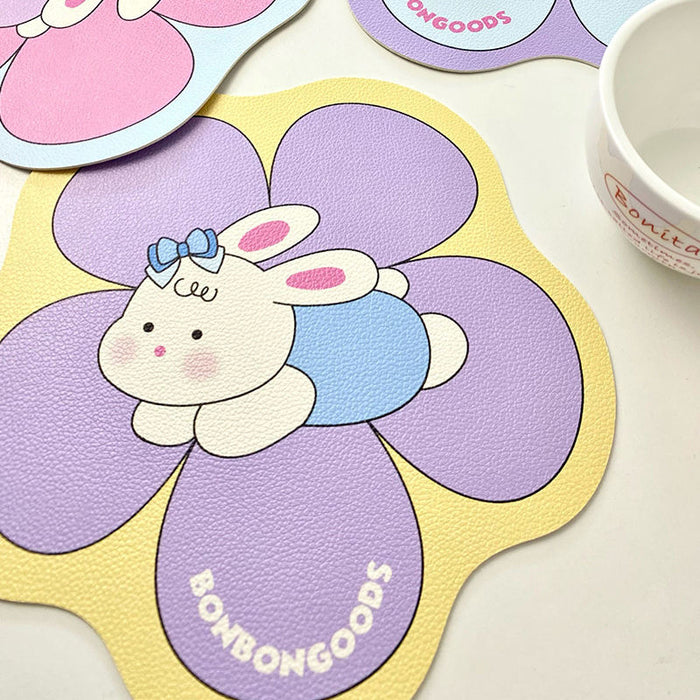 Elegant PU Leather Table Mats: lavender purple, yellow cartoon bunny character, kawaii cartoon style