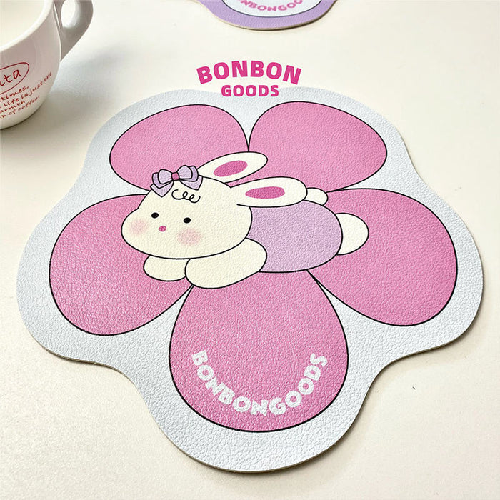 Elegant PU Leather Table Mats: lavender purple, yellow cartoon bunny character, kawaii cartoon style