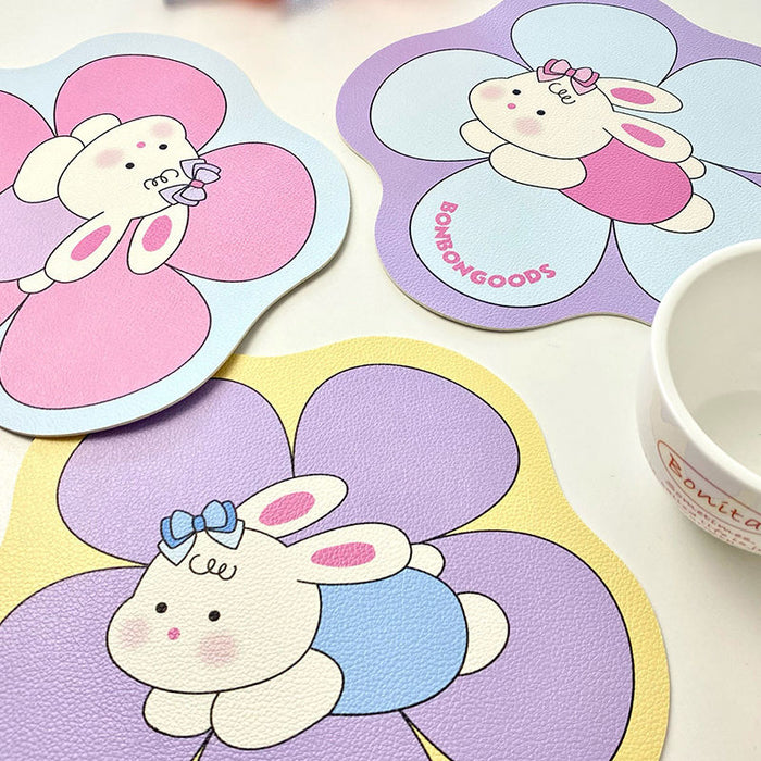 Elegant PU Leather Table Mats: lavender purple, yellow cartoon bunny character, kawaii cartoon style