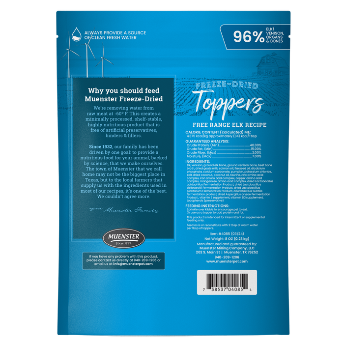 Muenster freeze dried Elk Toppers for dogs back of the bag