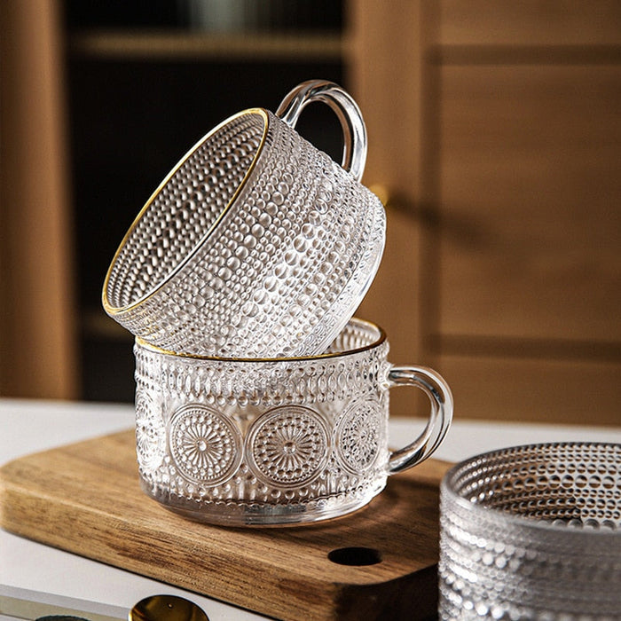 Embossed Glass Coffee Cup Collection: clear, transparent glass cups/mugs, ornate vintage-inspired style