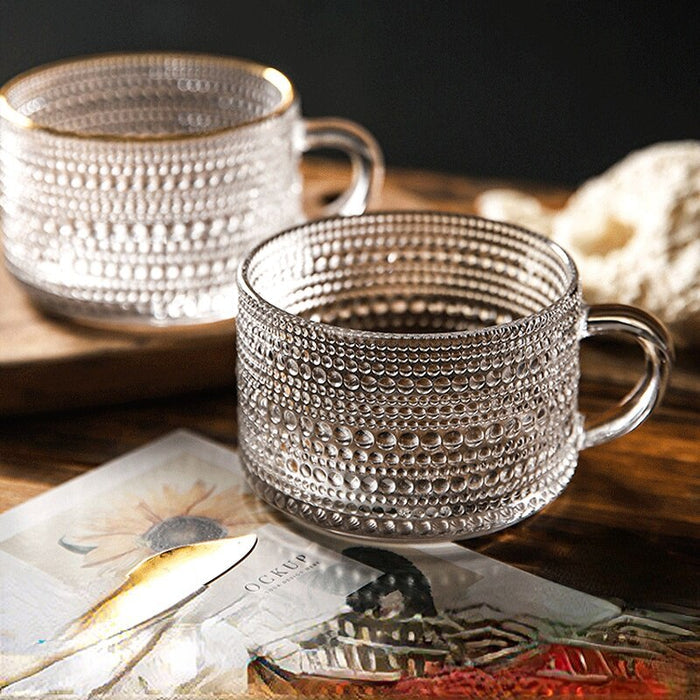 Embossed Glass Coffee Cup Collection: clear, transparent glass cups/mugs, ornate vintage-inspired style