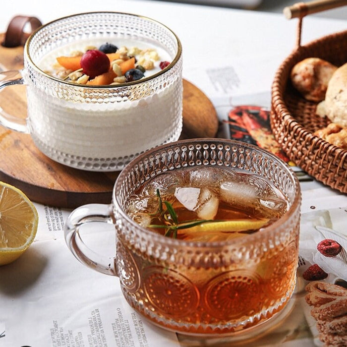 Embossed Glass Coffee Cup Collection: clear, transparent glass cups/mugs, ornate vintage-inspired style
