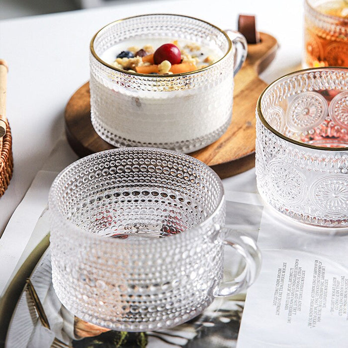 Embossed Glass Coffee Cup Collection: clear, transparent glass cups/mugs, ornate vintage-inspired style