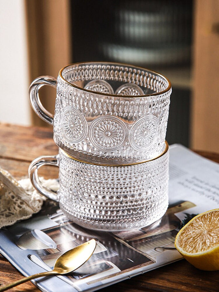 Embossed Glass Coffee Cup Collection: clear, transparent glass cups/mugs, ornate vintage-inspired style