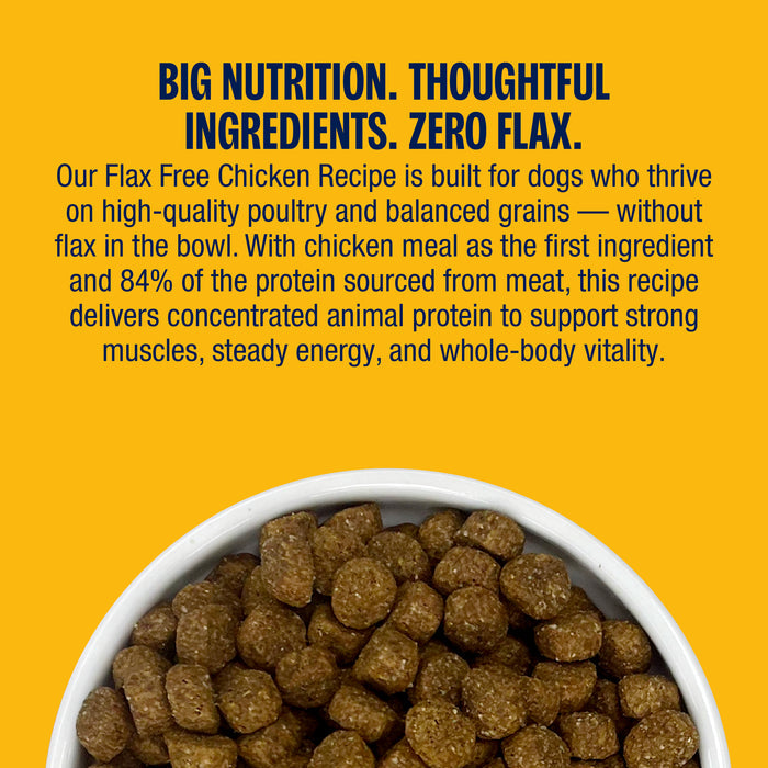 Dog food bowl with text about flax-free chicken recipe on a yellow background