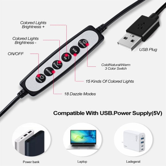 FYLZ LED Rectangle Light: black, rainbow multicolor clip-on RGB ring light with USB controller, minimal modern style