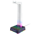Gaming Headphone Stand with RGB Light: clear, black RGB-lit headset stand with USB ports, gaming style
