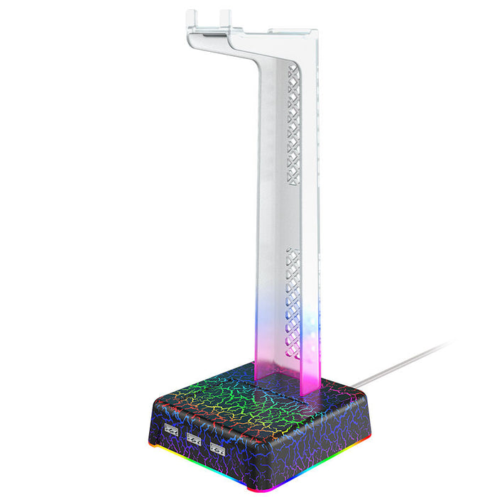 Gaming Headphone Stand with RGB Light: clear, black RGB-lit headset stand with USB ports, gaming style