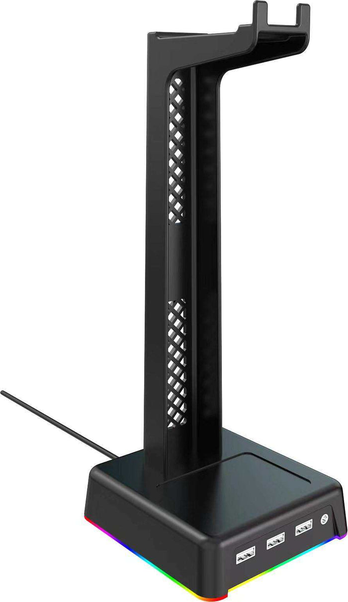 Gaming Headphone Stand with RGB Light: clear, black RGB-lit headset stand with USB ports, gaming style