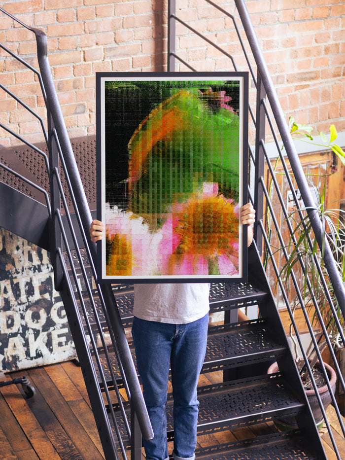 "Glitch 25.915 Flwr.002 by Aaron Borchardt in styled interior setting at East Side Studio London, fine art print gallery."