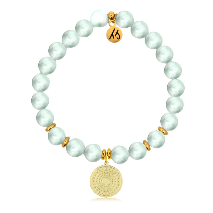 Gold Charm Collection - Green Angelite Gemstone Bracelet with Family Circle Gold Charm