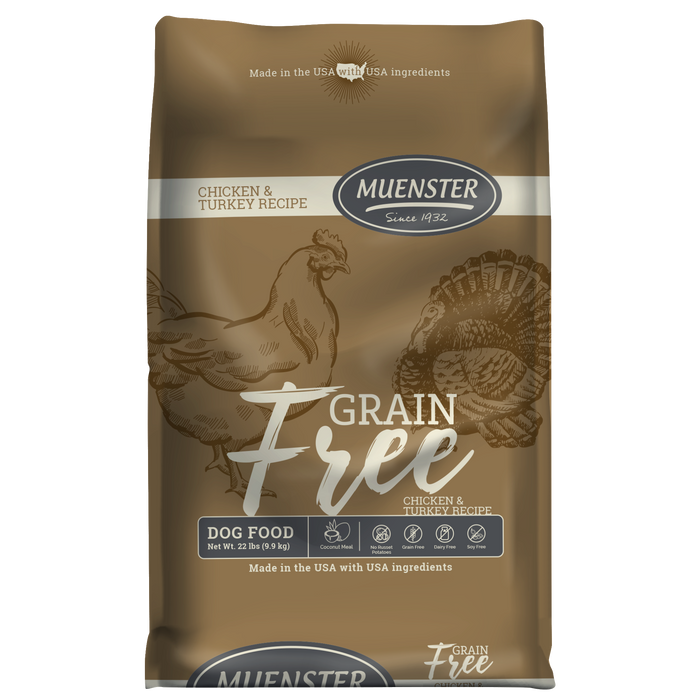 Bag of Muenster Grain Free Dog Food with Chicken & Turkey Recipe. Packaging is brown with images of a dog and chicken, and text highlighting the grain-free formula.