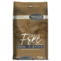 Bag of Muenster Grain Free Dog Food with Chicken & Turkey Recipe. Packaging is brown with images of a dog and chicken, and text highlighting the grain-free formula.