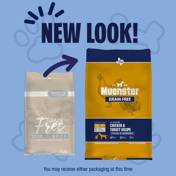 Grain Free Chicken & Turkey Recipe Dog Food packaging transition from old bag to new bag