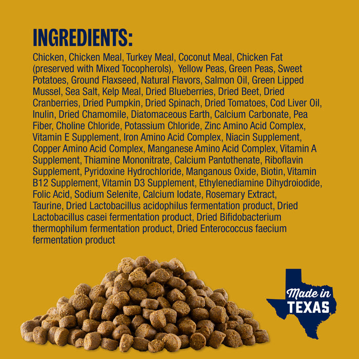Ingredients for Grain Free Chicken & Turkey Recipe Dog Food with kibble shown below