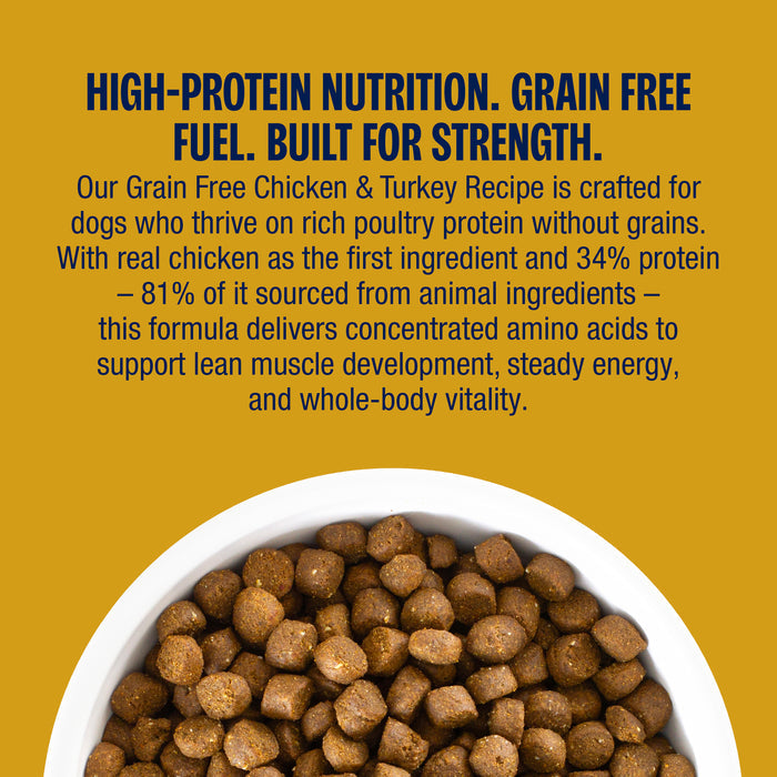 Dog food with text about high-protein nutrition and a grain-free formula on a yellow background
