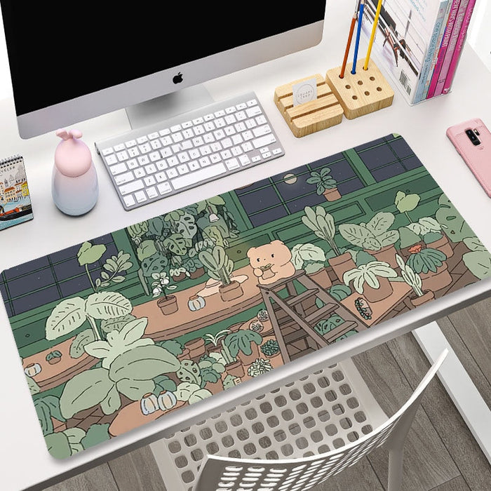 Green Plants Cute Kawaii Mousepad: dark green, sage green cartoon bear in a plant-filled greenhouse, cartoon, kawaii, botanic
