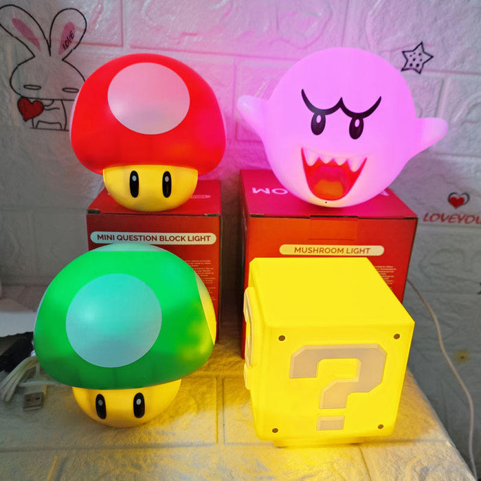 Headway LED Desk Lamp with Dimmer: red, white video game-inspired mushroom characters, ghost character, and question block, c