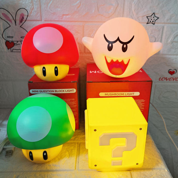 Headway LED Desk Lamp with Dimmer: red, white video game-inspired mushroom characters, ghost character, and question block, c