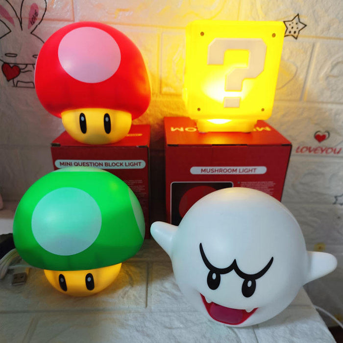 Headway LED Desk Lamp with Dimmer: red, white video game-inspired mushroom characters, ghost character, and question block, c