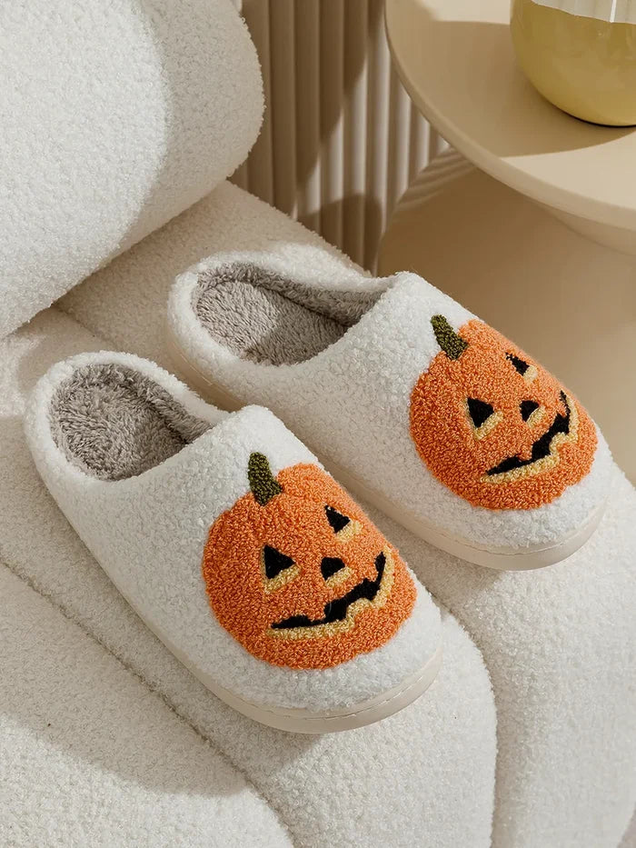 Jack-o'-Slippers for Comfy Halloween: white, orange jack-o'-lantern pumpkin, kawaii cartoon Halloween style