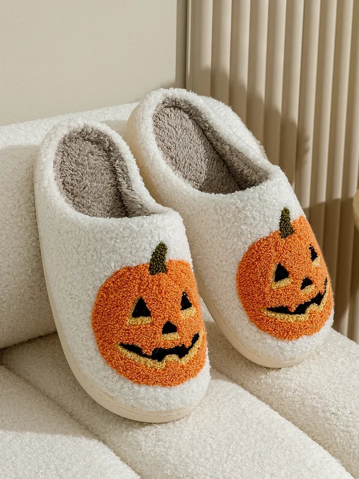 Jack-o'-Slippers for Comfy Halloween: white, orange jack-o'-lantern pumpkin, kawaii cartoon Halloween style