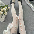 Kawaii Cutout Bow Pantyhose, Nylon Material: white, pale pink over-the-knee stockings, kawaii style