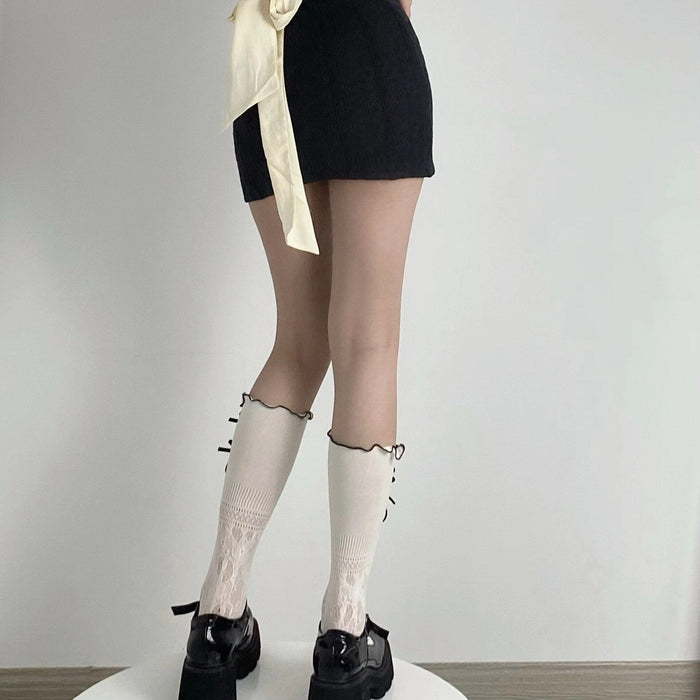 Kawaii Knee-High Bow Socks: white, black knee-high socks, kawaii style