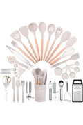 Kitchen Cooking Utensils Set, 46 pcs Non-Stick Silicone Spatula Set with Holder, Wooden Handle