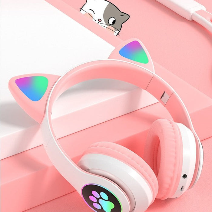 Kitty Bluetooth Headset: Colors, HiFi, Mic: pink, white cat, kawaii style