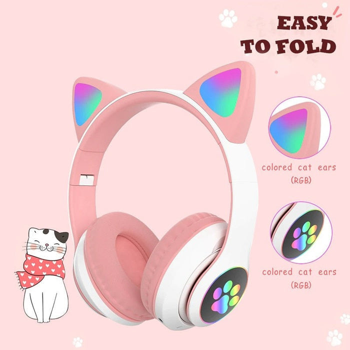 Kitty Bluetooth Headset: Colors, HiFi, Mic: pink, white cat, kawaii style