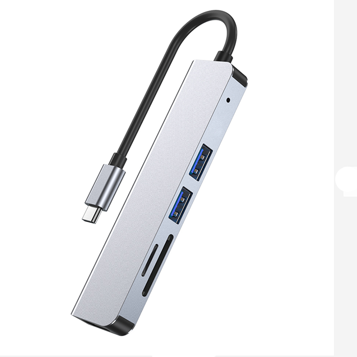 Laptop Adapter with USB and Card Reader: silver, black USB-C multiport hub, minimal style